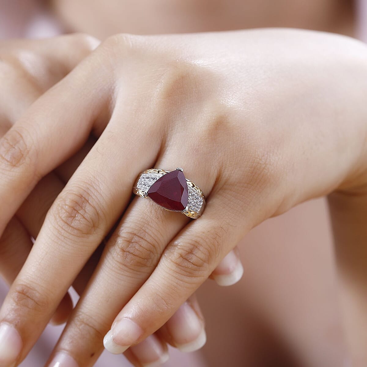Niassa Ruby (FF) and White Zircon Ring in 18K Vermeil YG and Rhodium Over Sterling Silver (Size 10.0) 8.70 ctw image number 2