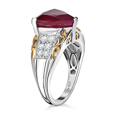 Niassa Ruby (FF) and White Zircon Ring in 18K Vermeil YG and Rhodium Over Sterling Silver (Size 6.0) 8.70 ctw