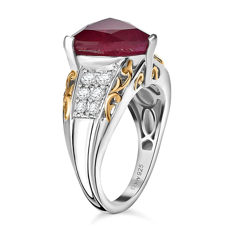 Niassa Ruby (FF) and White Zircon Ring in 18K Vermeil YG and Rhodium Over Sterling Silver (Size 6.0) 8.70 ctw