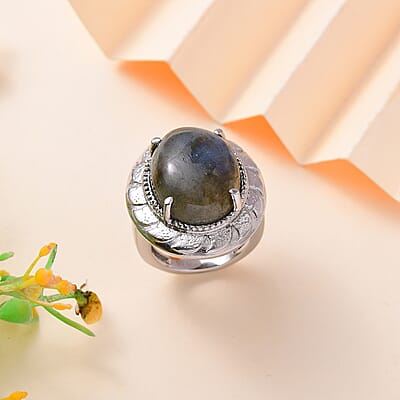 Malagasy Labradorite 16.20 ctw Solitaire Ring in Stainless Steel (Size 10.0)