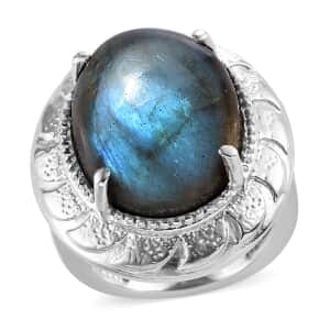 Malagasy Labradorite 16.20 ctw Solitaire Ring in Stainless Steel (Size 7.0)