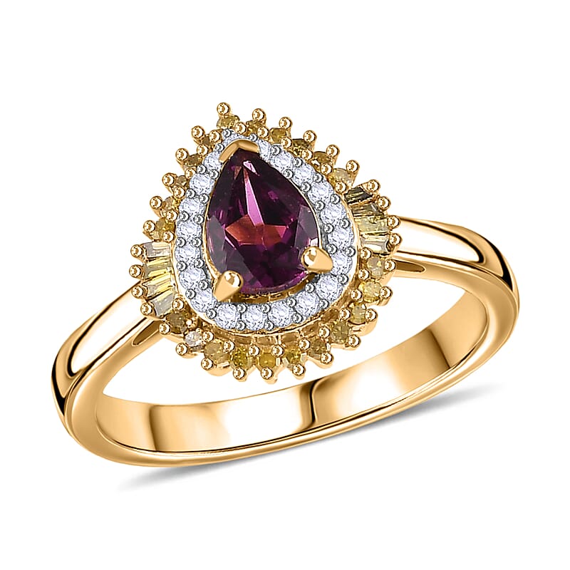 Premium Radiant Ember Garnet, Yellow and White Diamond Sunburst Ring in 18K Vermeil Yellow Gold Over Sterling Silver (Size 10.0) 1.05 ctw