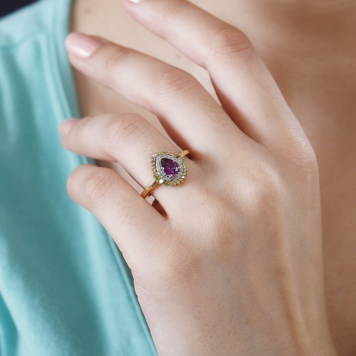 Premium Radiant Ember Garnet, Yellow and White Diamond Sunburst Ring in 18K Vermeil Yellow Gold Over Sterling Silver (Size 10.0) 1.05 ctw image number 2