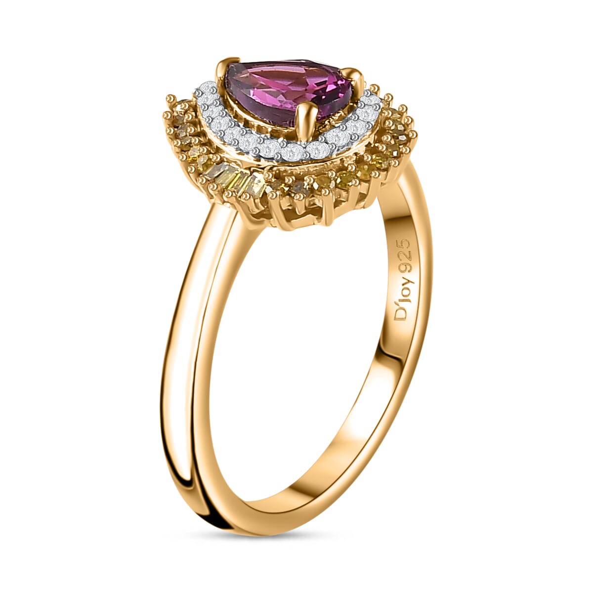 Premium Radiant Ember Garnet, Yellow and White Diamond Sunburst Ring in 18K Vermeil Yellow Gold Over Sterling Silver (Size 10.0) 1.05 ctw image number 3