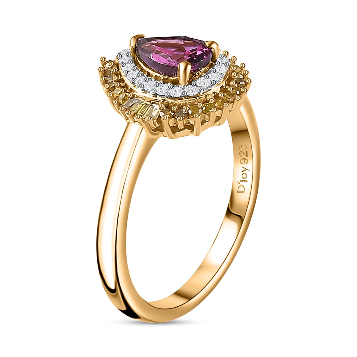 Premium Radiant Ember Garnet, Yellow and White Diamond Sunburst Ring in 18K Vermeil Yellow Gold Over Sterling Silver (Size 5.0) 1.05 ctw image number 3