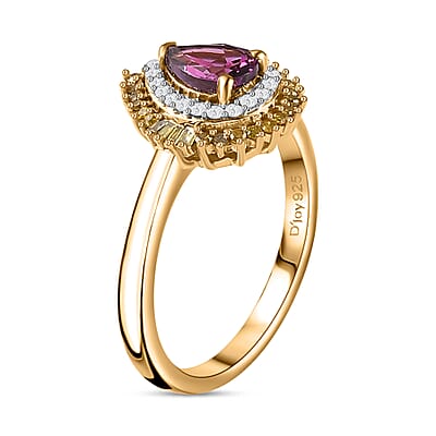 Premium Radiant Ember Garnet, Yellow and White Diamond Sunburst Ring in 18K Vermeil Yellow Gold Over Sterling Silver (Size 6.0) 1.05 ctw