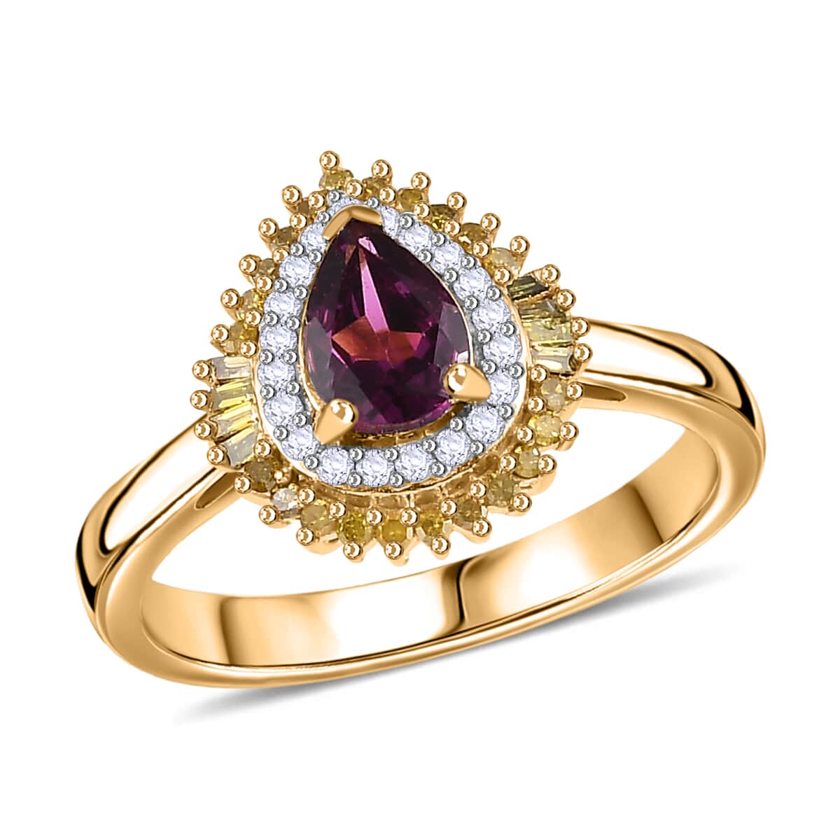 Premium Radiant Ember Garnet, Yellow and White Diamond Sunburst Ring in 18K Vermeil Yellow Gold Over Sterling Silver (Size 7.0) 1.05 ctw image number 0