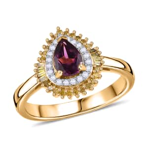 Premium Radiant Ember Garnet, Yellow and White Diamond Sunburst Ring in 18K Vermeil Yellow Gold Over Sterling Silver (Size 7.0) 1.05 ctw