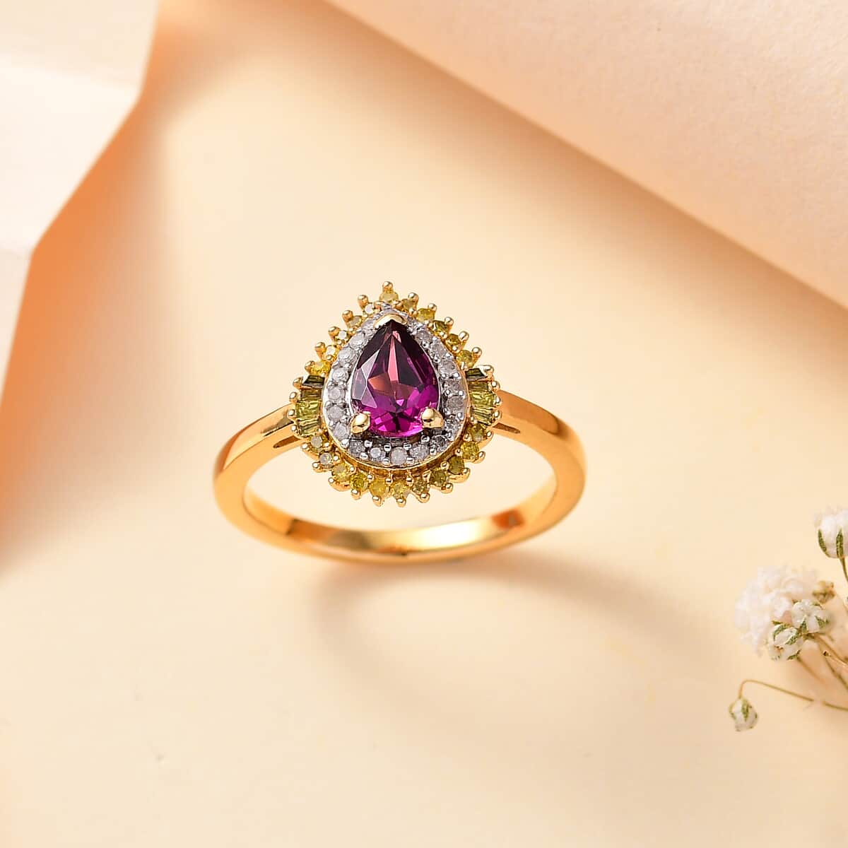 Premium Radiant Ember Garnet, Yellow and White Diamond Sunburst Ring in 18K Vermeil Yellow Gold Over Sterling Silver (Size 7.0) 1.05 ctw image number 1