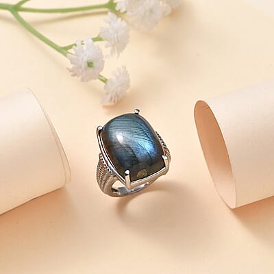 Malagasy Labradorite 22.60 ctw Solitaire Ring in Stainless Steel (Size 11.0) 
