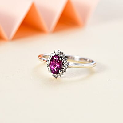 Radiant Ember Garnet and Diamond Art Deco Ring in Rhodium Over Sterling Silver (Size 10.0) 0.60 ctw
