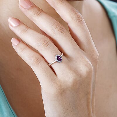 Radiant Ember Garnet and Diamond Art Deco Ring in Rhodium Over Sterling Silver (Size 10.0) 0.60 ctw