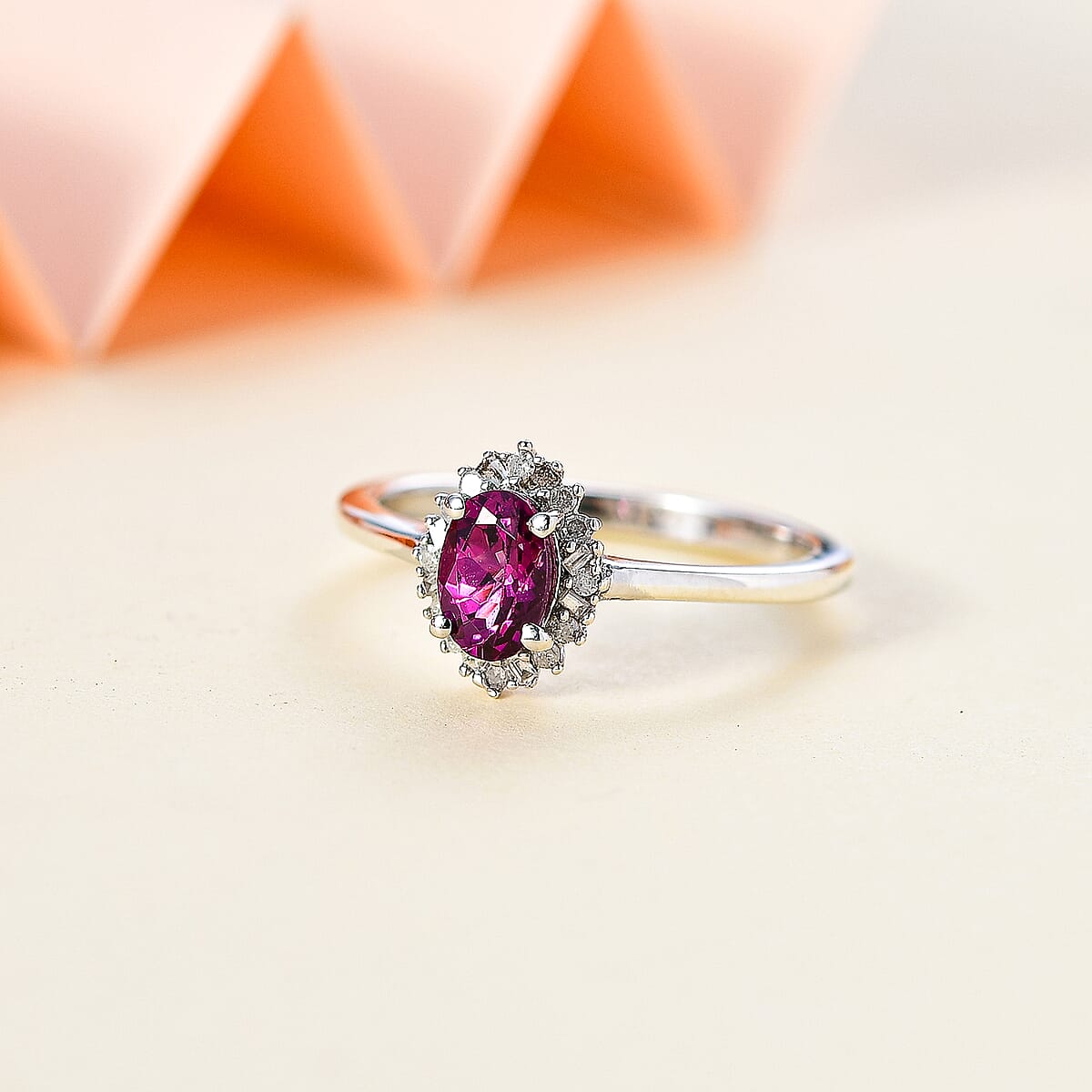 Radiant Ember Garnet and Diamond Art Deco Ring in Rhodium Over Sterling Silver (Size 5.0) 0.60 ctw image number 1