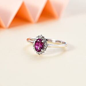 Radiant Ember Garnet and Diamond Art Deco Ring in Rhodium Over Sterling Silver (Size 5.0) 0.60 ctw