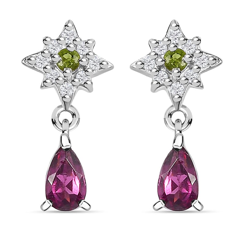 Radiant Ember Garnet and Multi Gemstone Celestial Earrings in Rhodium Over Sterling Silver 0.70 ctw