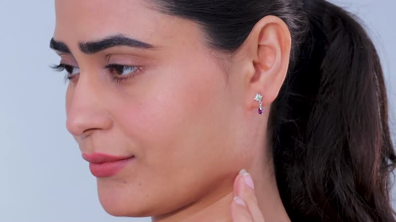 Radiant Ember Garnet and Multi Gemstone Celestial Earrings in Rhodium Over Sterling Silver 0.70 ctw