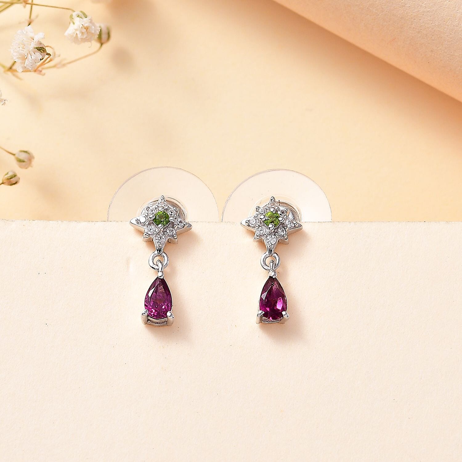 Radiant Ember Garnet and Multi Gemstone Celestial Earrings in Rhodium Over Sterling Silver 0.70 ctw