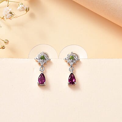 Radiant Ember Garnet and Multi Gemstone Celestial Earrings in Rhodium Over Sterling Silver 0.70 ctw
