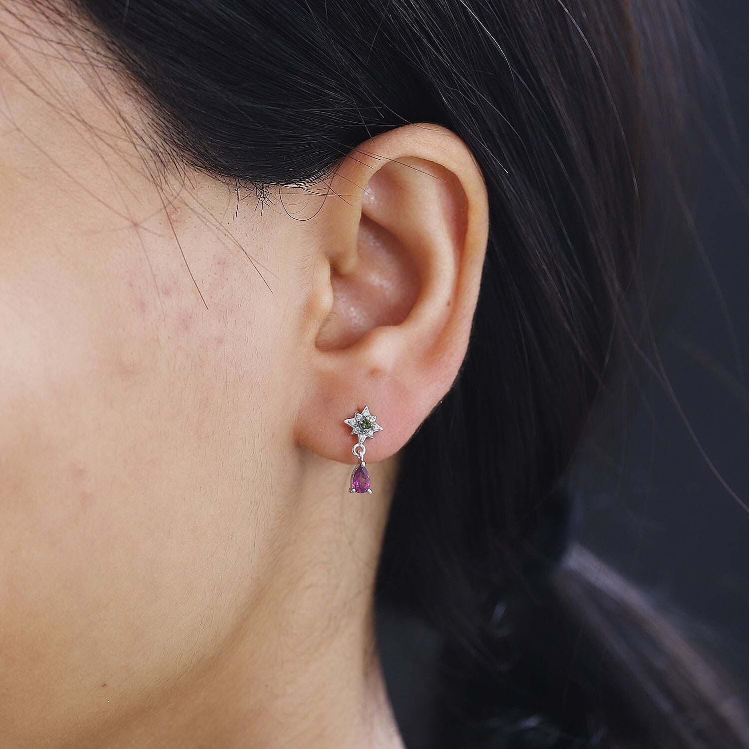 Radiant Ember Garnet and Multi Gemstone Celestial Earrings in Rhodium Over Sterling Silver 0.70 ctw