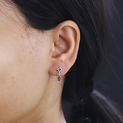 Radiant Ember Garnet and Multi Gemstone Celestial Earrings in Rhodium Over Sterling Silver 0.70 ctw