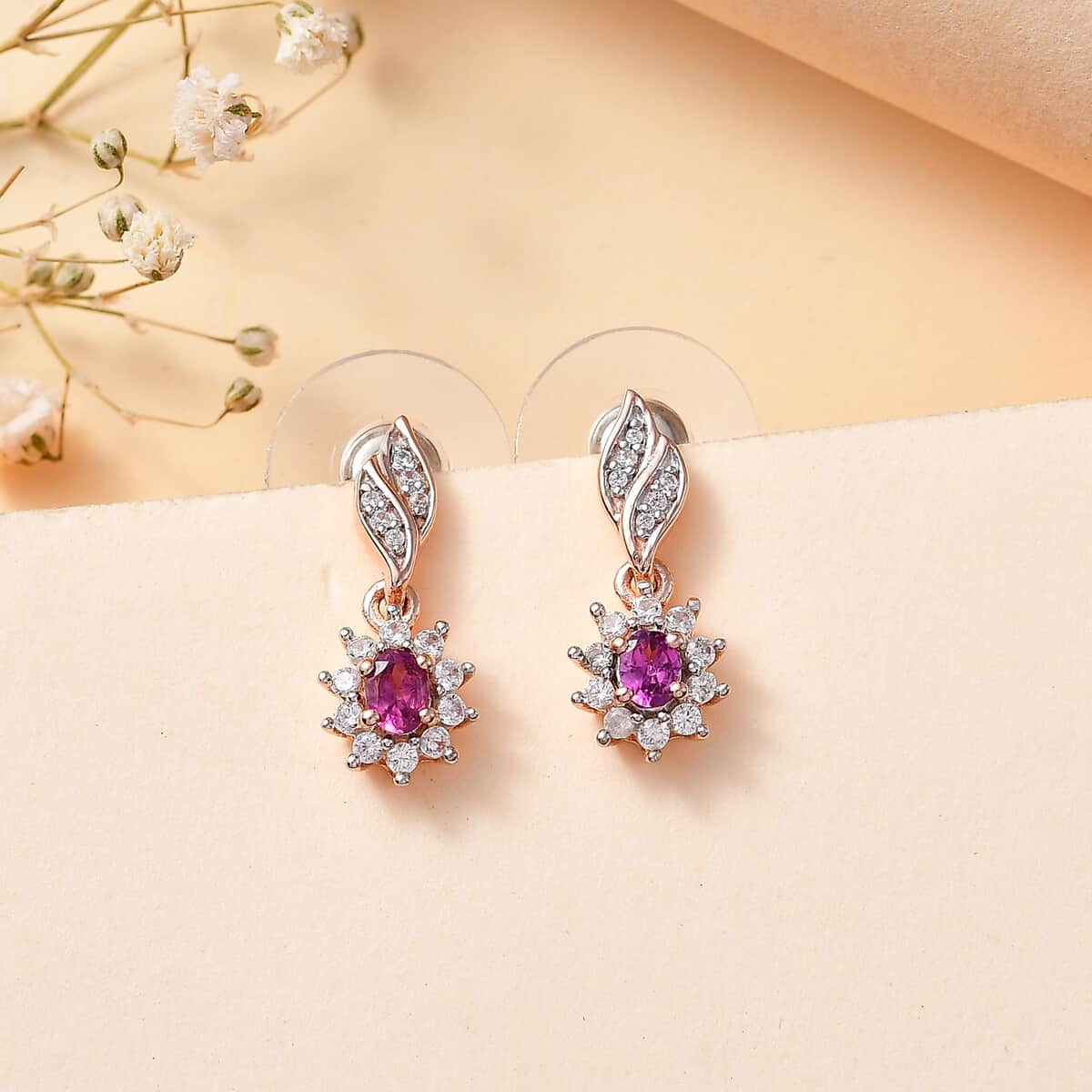 Radiant Ember Garnet and White Zircon Natures Majesty Earrings in 18K Vermeil Rose Gold Over Sterling Silver 0.70 ctw image number 1