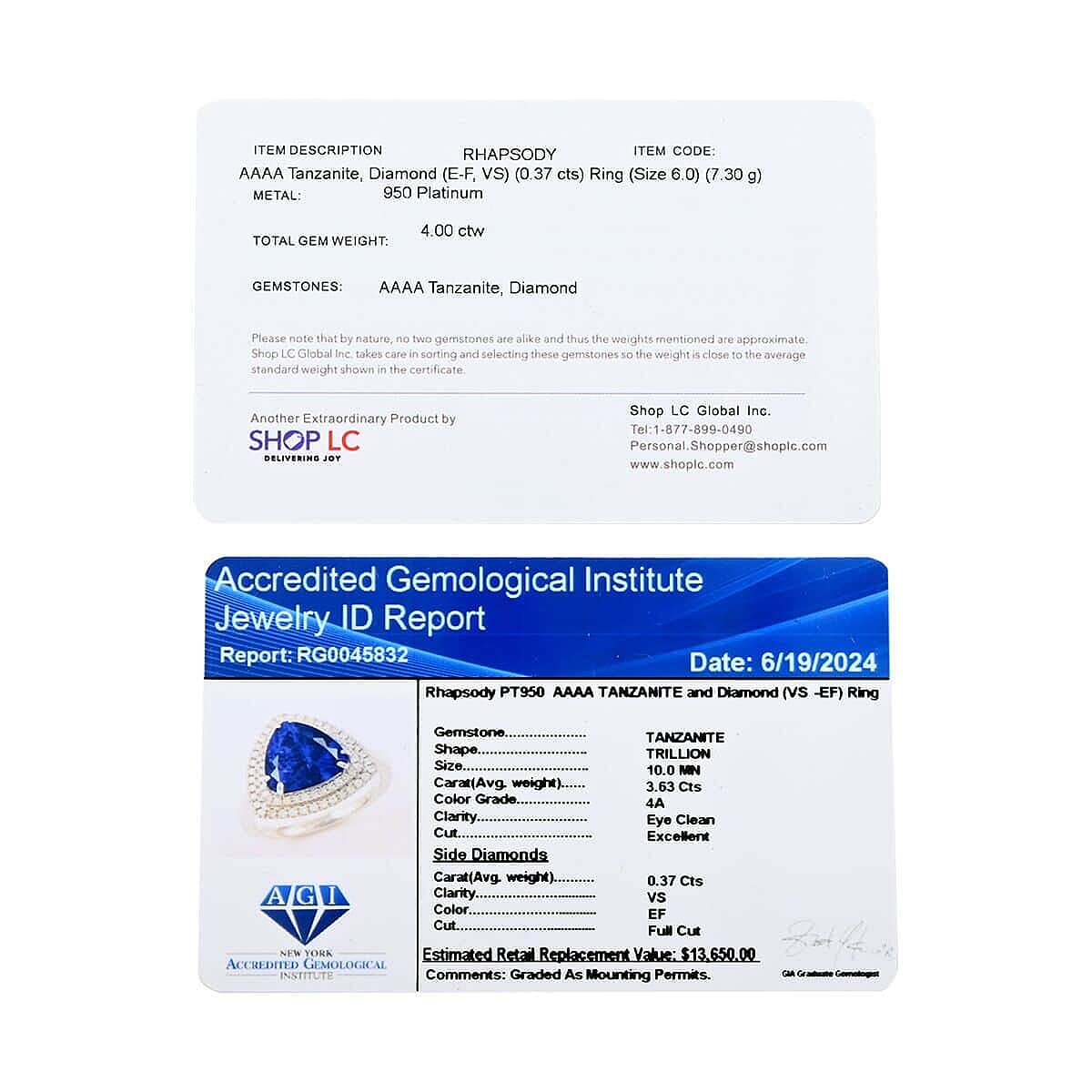 Certified & Appraised Rhapsody AAAA Tanzanite and E-F VS Diamond 4.00 ctw Ring in 950 Platinum (Size 10.0) 7.30 Grams