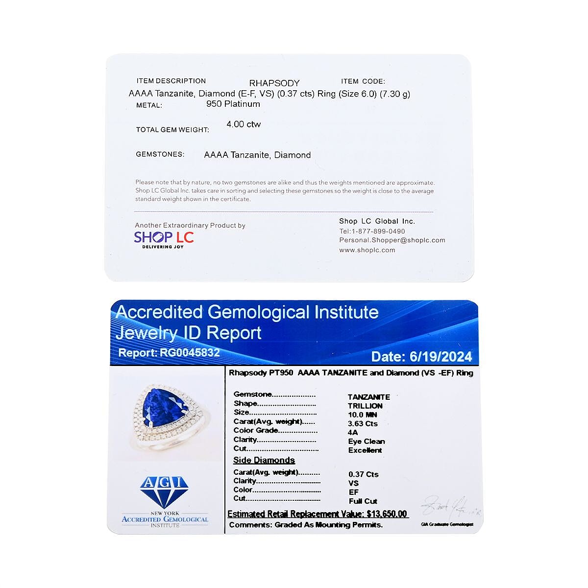 Certified & Appraised Rhapsody 950 Platinum AAAA Tanzanite, Diamond (E-F, VS) (0.37 cts) Ring (Size 10.0) (7.30 g) 4.00 ctw