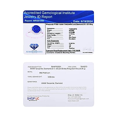 Certified & Appraised Rhapsody AAAA Tanzanite and E-F VS Diamond 3.00 ctw Ring in 950 Platinum (Size 10.0) 6.20 Grams