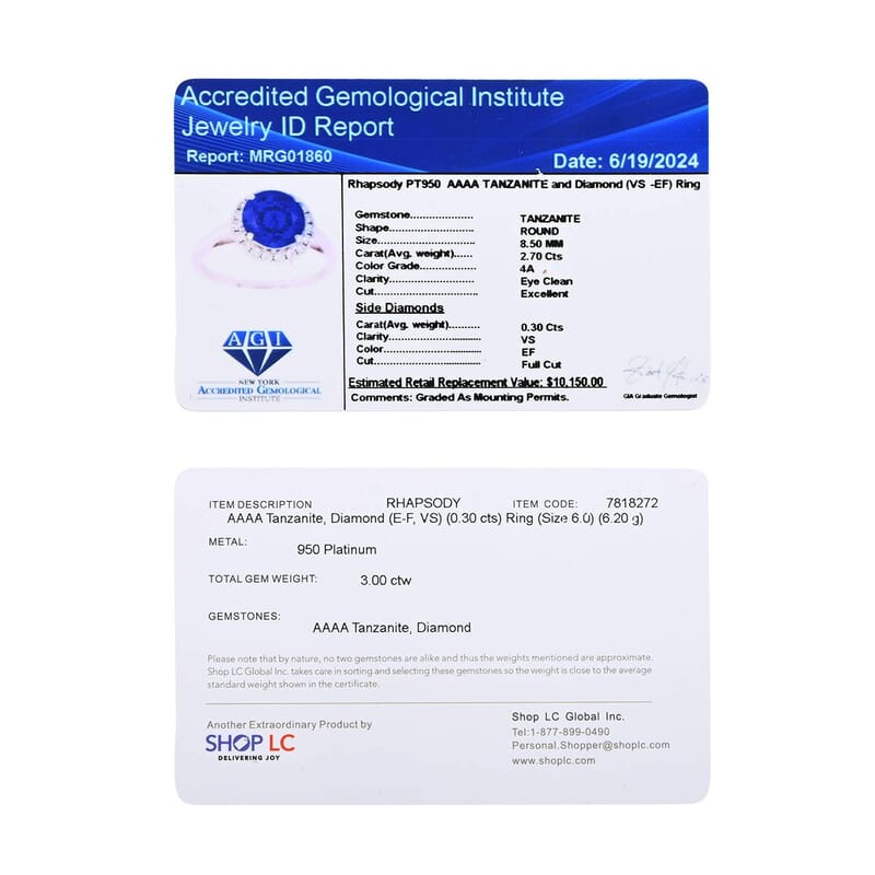 Certified & Appraised Rhapsody AAAA Tanzanite and E-F VS Diamond 3.00 ctw Ring in 950 Platinum (Size 5.5) 6.20 Grams