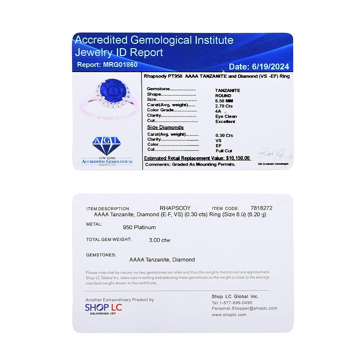 Certified & Appraised Rhapsody AAAA Tanzanite and E-F VS Diamond 3.00 ctw Ring in 950 Platinum (Size 9.0) 6.20 Grams image number 7