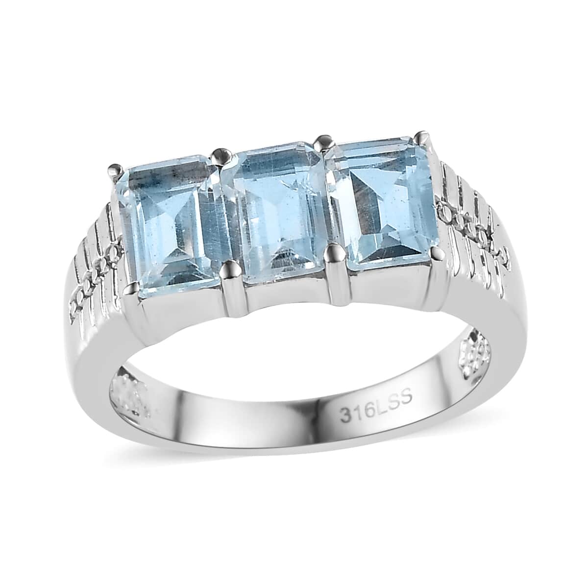 Sky Blue Topaz 3.65 ctw 3 Stone Ring in Stainless Steel (Size 12.0) image number 0