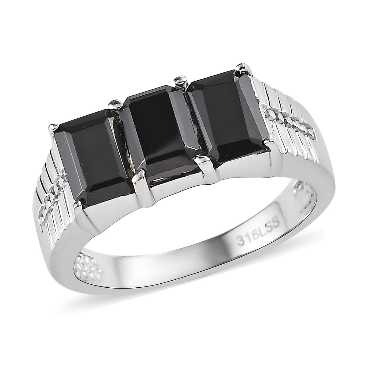 Thai Black Spinel 4.00 ctw 3 Stone Men's Ring in Stainless Steel (Size 9.0) image number 0