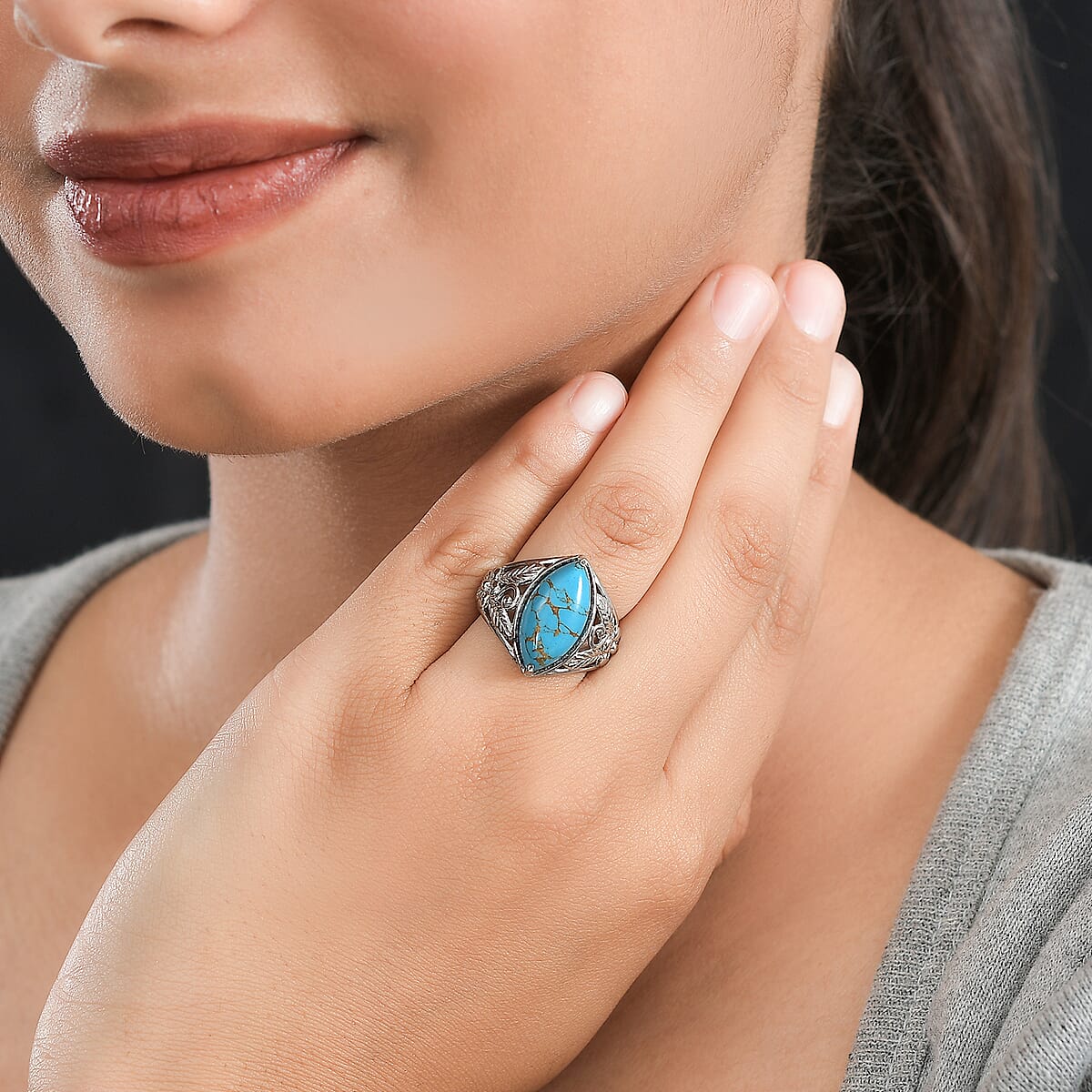 Mojave Blue Turquoise 5.60 ctw Solitaire Ring in Stainless Steel (Size 9.0) image number 2