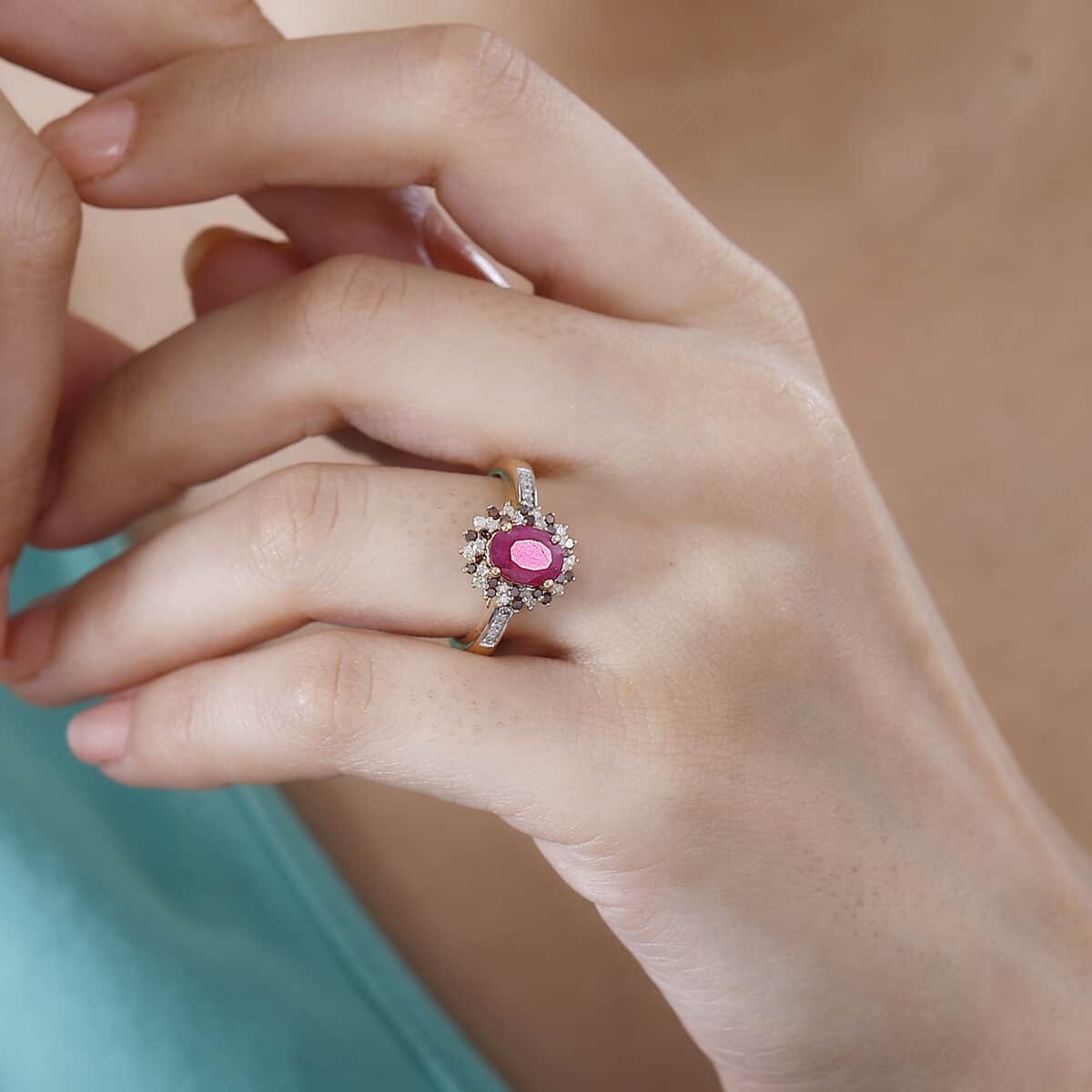 Premium Taveta Ruby, Red Diamond (IR), Diamond (0.40 cts) Floral Ring in 18K Vermeil YG Over Sterling Silver (Size 7.0) 2.00 ctw image number 2