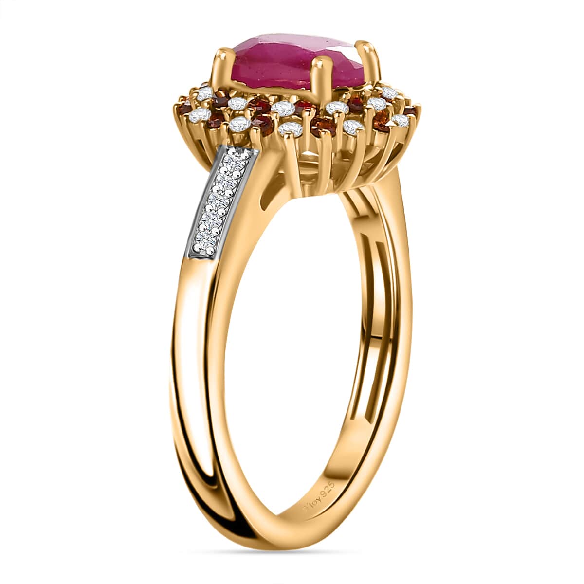 Premium Taveta Ruby, Red Diamond (IR), Diamond (0.40 cts) Floral Ring in 18K Vermeil YG Over Sterling Silver (Size 7.0) 2.00 ctw image number 3