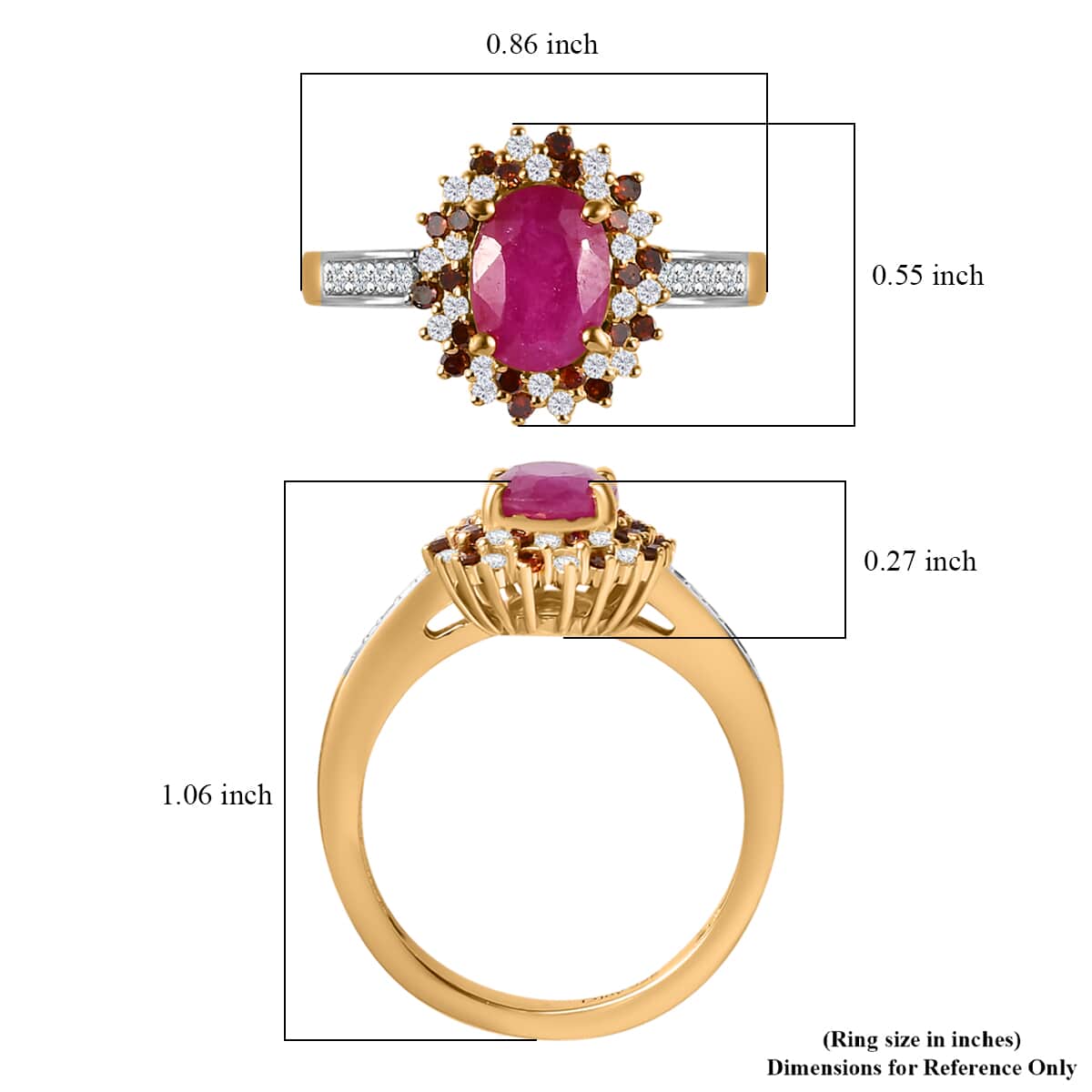 Premium Taveta Ruby, Red Diamond (IR), Diamond (0.40 cts) Floral Ring in 18K Vermeil YG Over Sterling Silver (Size 7.0) 2.00 ctw image number 5