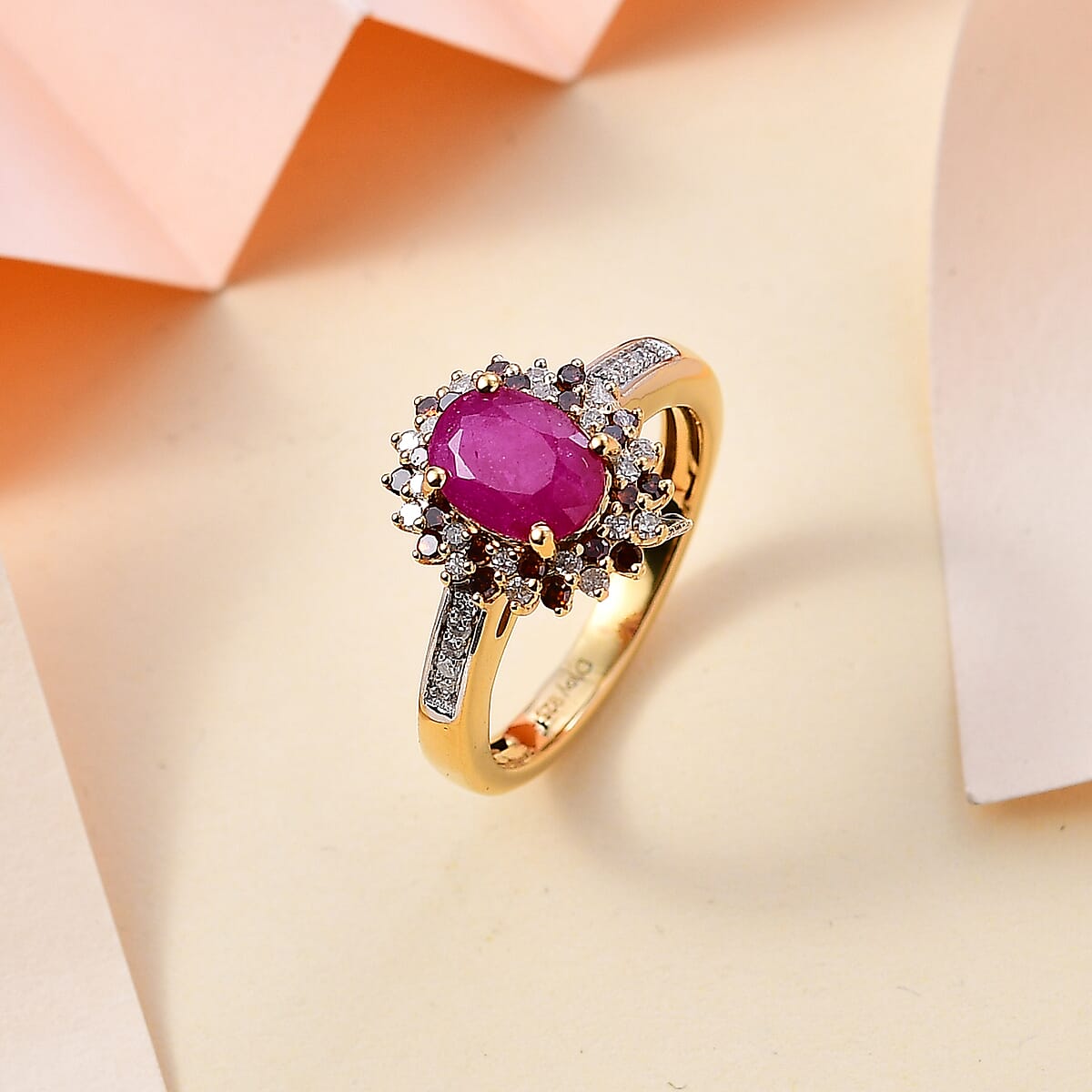 Premium Royal Ruby, Red and White Diamond 2.00 ctw Scarlet Whirlwind Ring in 18K Vermeil Yellow Gold Over Sterling Silver (Size 5.0) image number 1