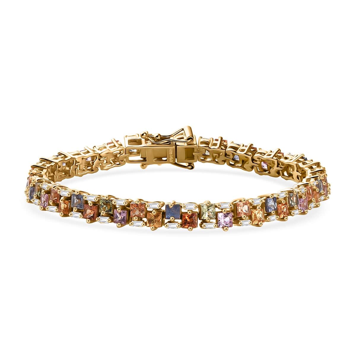 Premium Multi Sapphire and Moissanite 8.50 ctw Art Deco Bracelet in 18K Vermeil Yellow Gold Over Sterling Silver (6.50 In) image number 0