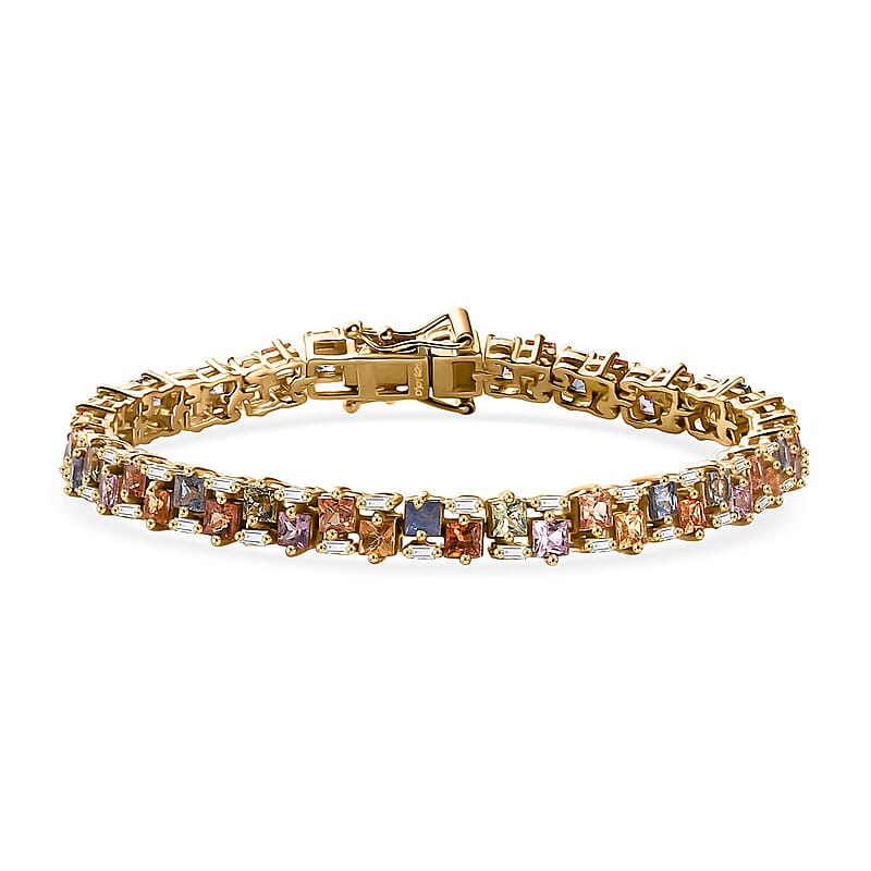 D'Joy Premium Multi Sapphire and Moissanite 8.50 ctw Art Deco Bracelet in 18K Vermeil Yellow Gold Over Sterling Silver (6.50 In)