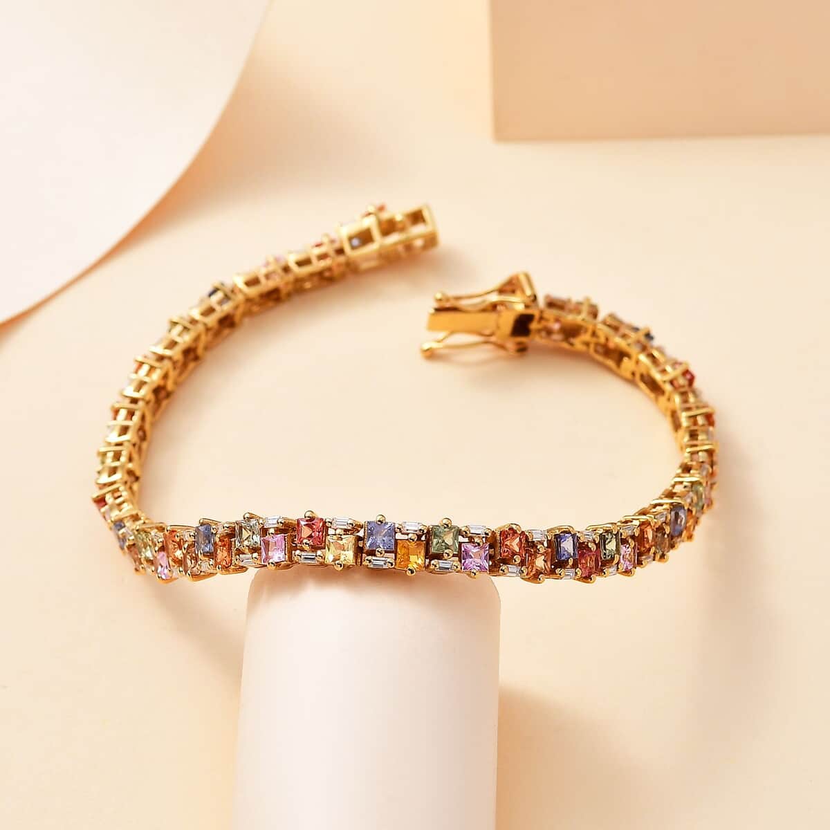 Premium Multi Sapphire and Moissanite 8.50 ctw Art Deco Bracelet in 18K Vermeil Yellow Gold Over Sterling Silver (6.50 In) image number 1