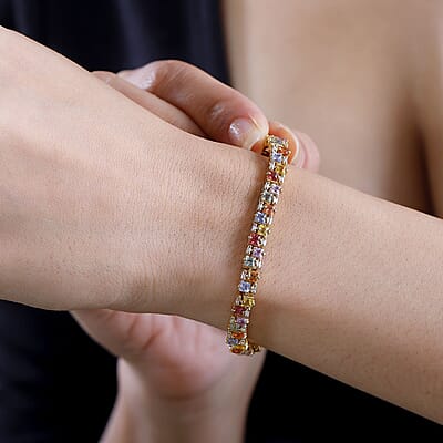D'Joy Premium Multi Sapphire and Moissanite 8.50 ctw Art Deco Bracelet in 18K Vermeil Yellow Gold Over Sterling Silver (6.50 In)