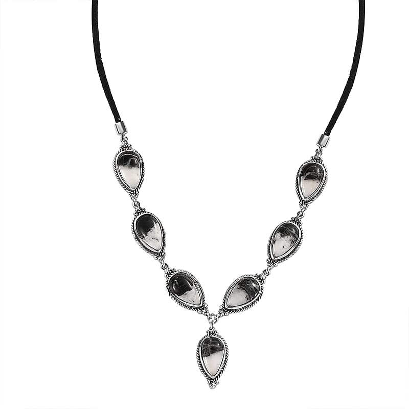 Artisan Crafted White Buffalo 28.00 ctw Necklace in Sterling Silver and Black Leather Cord 18-20 Inches