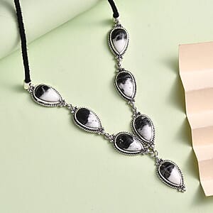 Artisan Crafted White Buffalo 28.00 ctw Necklace in Sterling Silver and Black Leather Cord 18-20 Inches