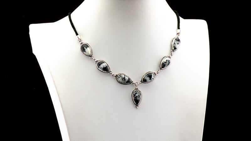 Artisan Crafted White Buffalo 28.00 ctw Necklace in Sterling Silver and Black Leather Cord 18-20 Inches