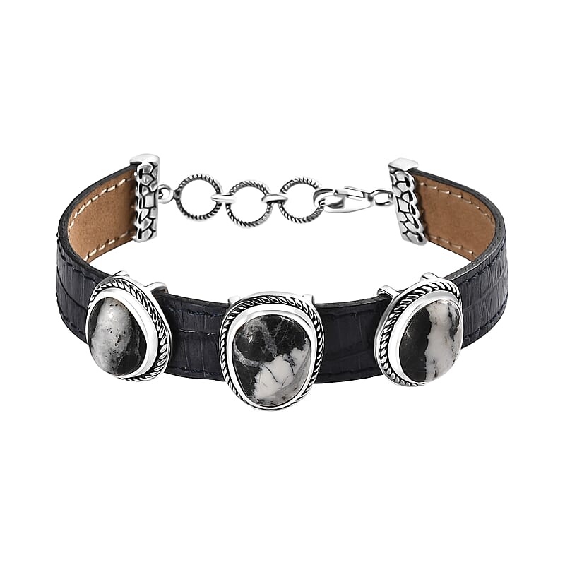 Artisan Crafted White Buffalo 16.00 ctw Bracelet in Sterling Silver and Black Leather Cord (7.25 In)