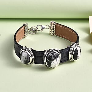 Artisan Crafted White Buffalo 16.00 ctw Bracelet in Sterling Silver and Black Leather Cord (7.25 In)