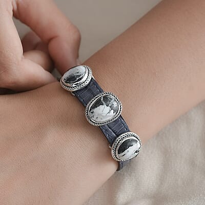 Artisan Crafted White Buffalo 16.00 ctw Bracelet in Sterling Silver and Black Leather Cord (7.25 In)