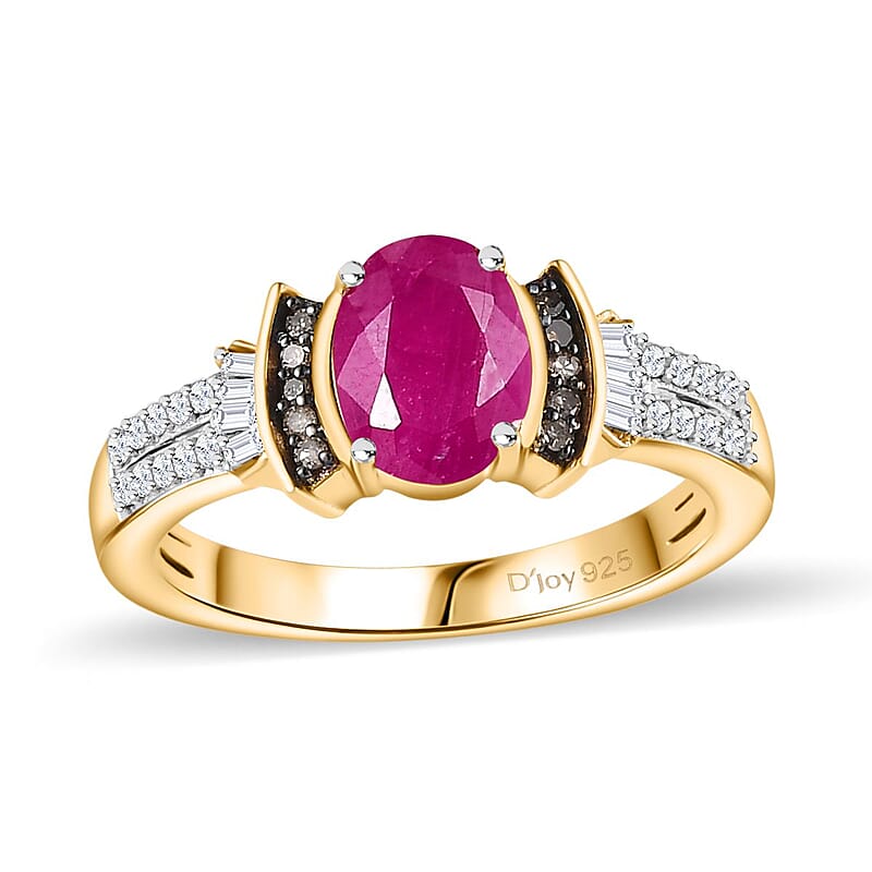 D'Joy Premium Montepuez Ruby, Natural Champagne and White Diamond Ring in 18K Vermeil Yellow Gold Over Sterling Silver (Size 5.0) 1.80 ctw