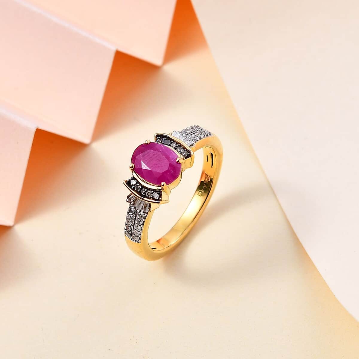 Premium Montepuez Ruby, Natural Champagne and White Diamond Ring in 18K Vermeil Yellow Gold Over Sterling Silver (Size 5.0) 1.80 ctw image number 1