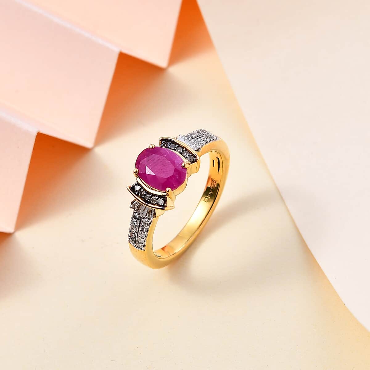 Premium Taveta Ruby, Natural Champagne and White Diamond Ring in 18K Vermeil Yellow Gold Over Sterling Silver (Size 7.0) 1.80 ctw (Del. in 8-10 Days) image number 1